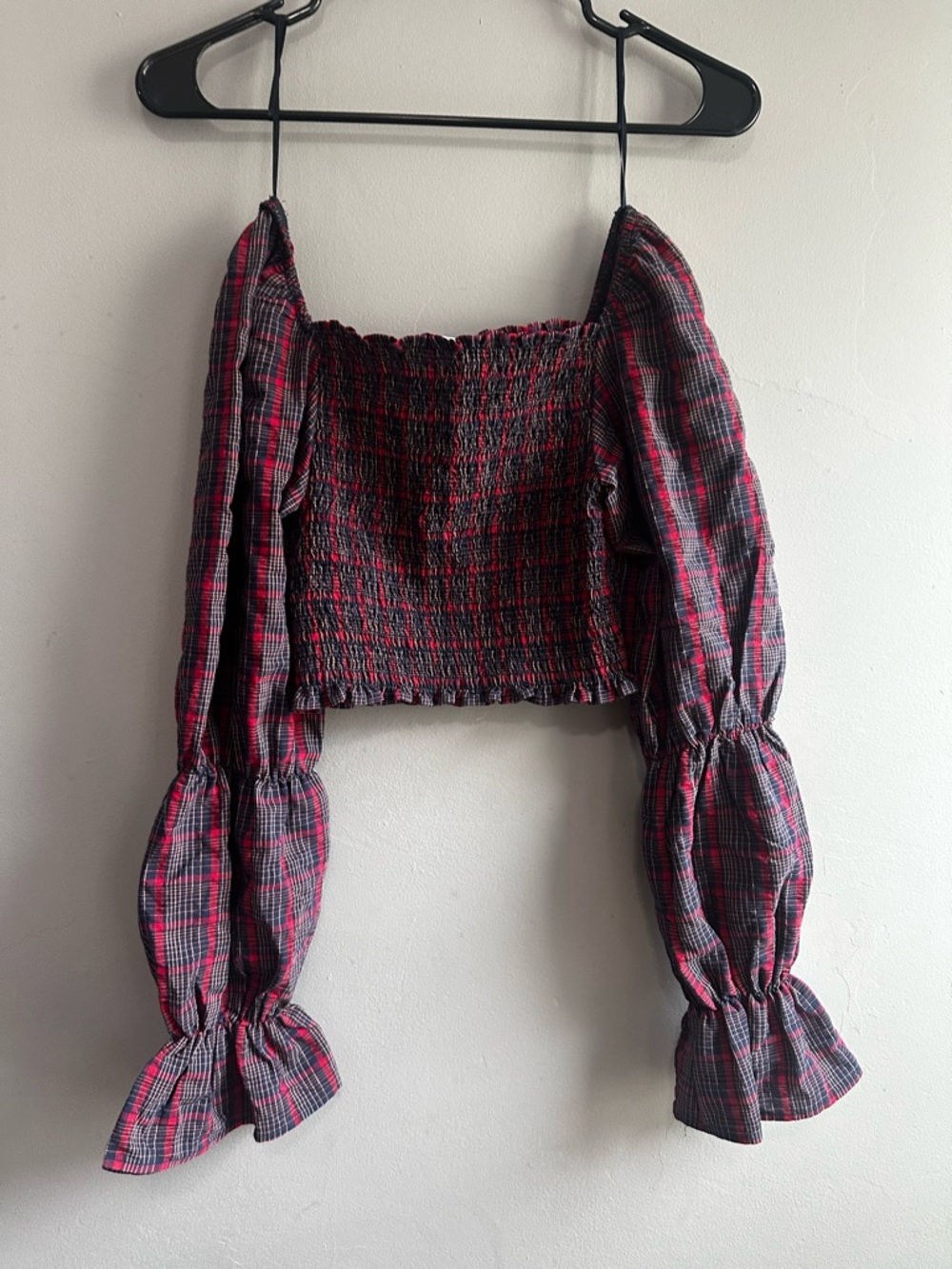Zara Red and Black Plaid Smocked Crop Blouse